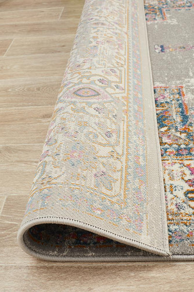 Folded edge view of Babylon Grey Rug showing durable stitching and quality construction.