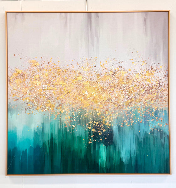Pacific Green Framed Canvas Wall Art – calming 80x80cm artwork featuring green and grey hues with gold accents, mounted in a modern setting
