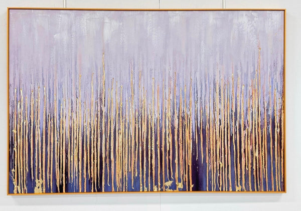 Large gold-framed canvas with vertical gold streaks over soft blue and lavender shades.