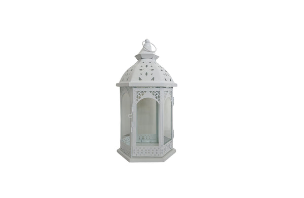 Medium White Metal Lantern – 32cm tall lantern crafted from sturdy white metal with elegant cut-out details