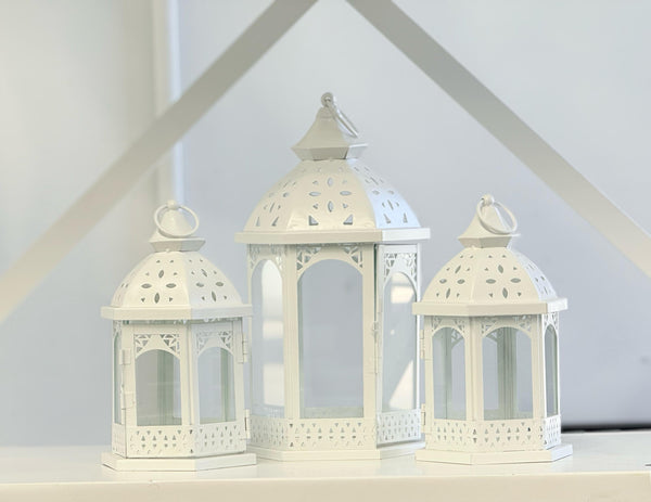 White Metal Lantern Set displayed in a modern setting – elegant trio of decorative lanterns ideal for candles or LED lights