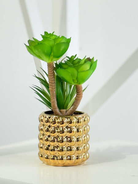 Stylish faux succulent in gold bubble pot, perfect for elegant tabletop décor.
