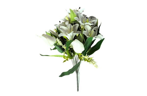 Elegant artificial lily and tulip bunch in white, perfect for timeless floral décor.