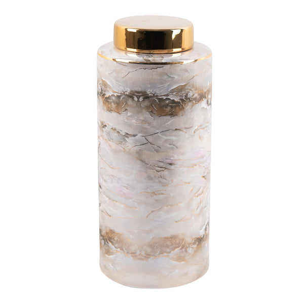 Large white and gold marble-effect ceramic ginger jar with elegant gold lid.