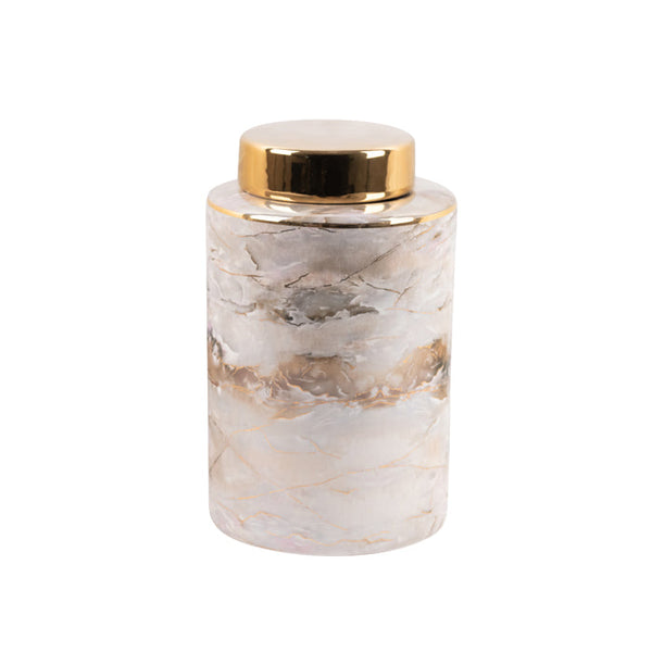 Small white and gold marble-effect ceramic ginger jar with glossy gold lid.