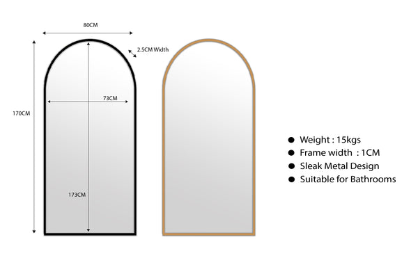 Medium size metal arch mirrors 170cm x 80cm with black and gold slim frames