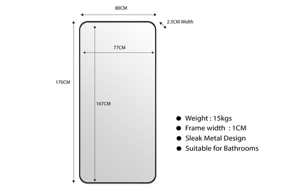 Technical drawing with dimensions for medium black metal rectangle mirror, 80x170cm size.
