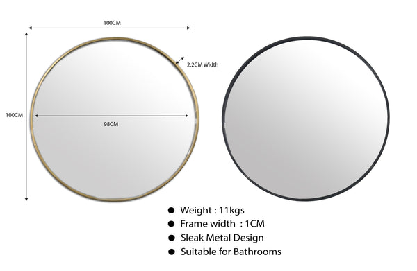Large 100cm round mirror with slim black and gold metal frames, dimension view