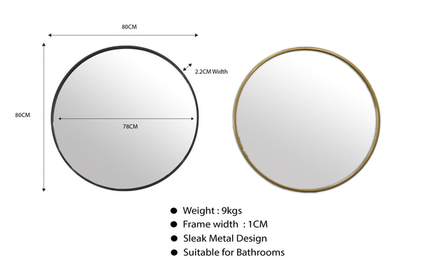 Small round mirror with black and gold frame options, 80cm size with measurements