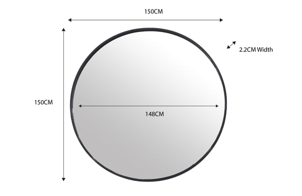 Oversized 150cm round wall mirror with slim black frame and minimal design