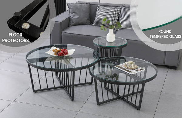 Serena black frame coffee and side table set with clear tempered glass tops.