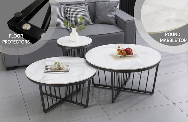 Serena black frame coffee and side table set with elegant white marble stone tops.