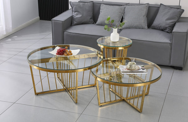 Serena gold polished frame coffee and side table set with clear glass tops.