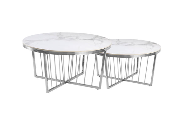 Serena coffee table in silver polished frame with white marble sintered stone top, luxurious accent.