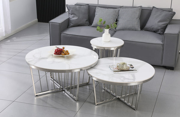 Serena silver polished frame coffee and side table set with white marble stone tops.