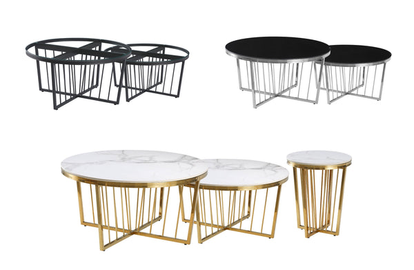 Serena coffee and side table collection with black, silver, and gold frames in marble or glass tops.