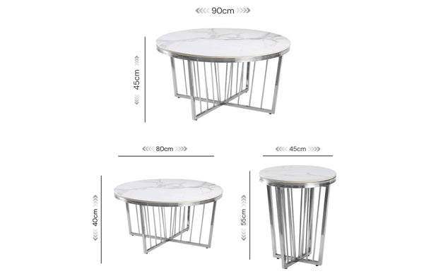 Serena coffee and side table dimension guide showing large, medium, and side table sizes with glass top.
