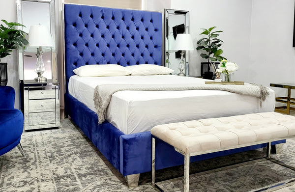 CLEARANCE - GRANDĖ Queen Blue Tall Deep Tufted Bed