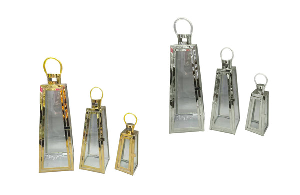 Decorative Pyramid Lanterns – Shiny Gold & Silver Candle Holders, Set of 3 (Large, Medium, Small)