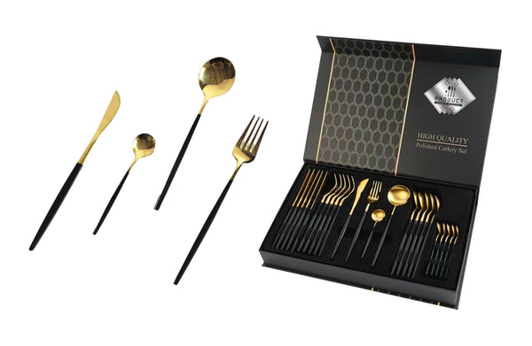 Keily Deluxe Cutlery Set – Black & Gold, Black & Silver (24-Piece Set)