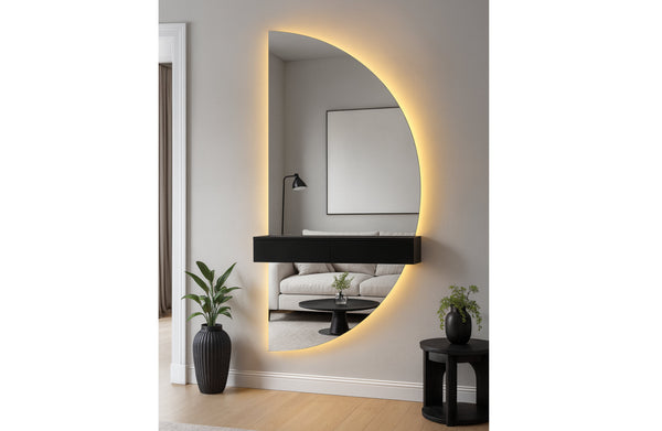Half Moon LED Mirror with Shelf - Black