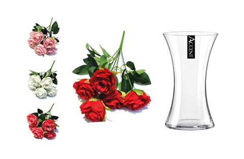 Artificial Rose Bunch x 3 with 15cm Glass Vase Home Decor