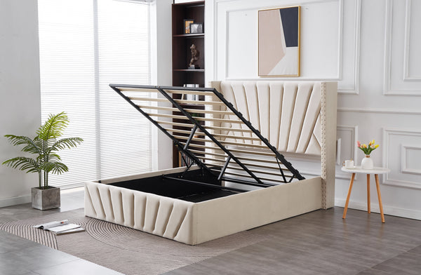 Allure Velvet Gas Lift Bed - Beige