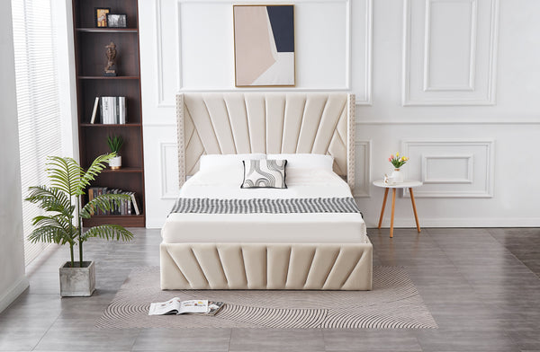 Allure Velvet Gas Lift Bed - Beige