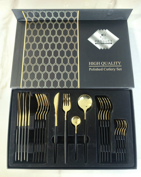 Keily Deluxe Cutlery Set – Black & Gold, Black & Silver (24-Piece Set)