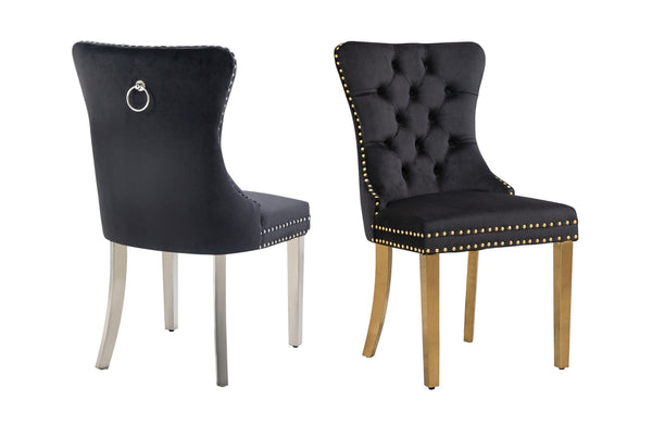 Set of 2 -Alsea Velvet & Polished Steel Dining Chairs Upholstered Tufted Stud Trim and Ring - 2 Colours