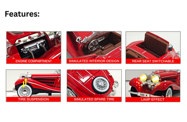 Mercedez Benz 500K Vintage Classic 1:32 with Sound, Light, Tyre Suspension and Pull Back Power Simulation