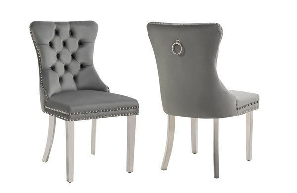 Set of 2 -Alsea Velvet & Polished Steel Dining Chairs Upholstered Tufted Stud Trim and Ring - 2 Colours