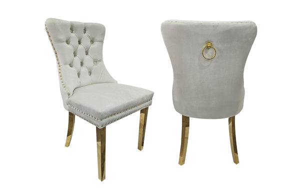 Set of 2 -Alsea Velvet & Polished Steel Dining Chairs Upholstered Tufted Stud Trim and Ring - 2 Colours