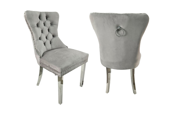 Set of 2 -Alsea Velvet & Polished Steel Dining Chairs Upholstered Tufted Stud Trim and Ring - 2 Colours