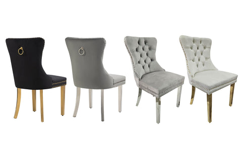 Set of 2 -Alsea Velvet & Polished Steel Dining Chairs Upholstered Tufted Stud Trim and Ring - 2 Colours