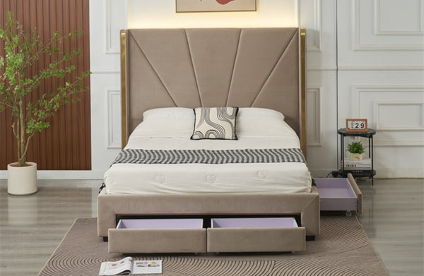 Elwood Velvet Bed with Storage Drawers - Champagne