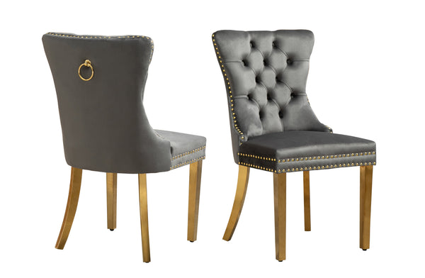 Set of 2 -Alsea Velvet & Polished Steel Dining Chairs Upholstered Tufted Stud Trim and Ring - 2 Colours