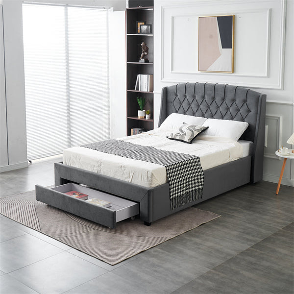 Paris Tall Tufted Velvet Dark Grey Bed with Storage Drawer