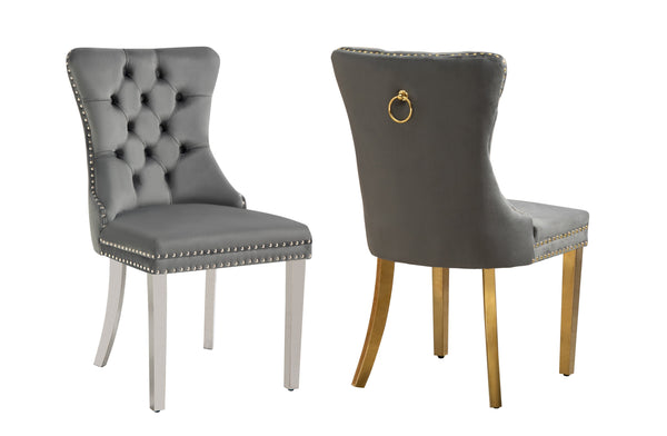 Set of 2 -Alsea Velvet & Polished Steel Dining Chairs Upholstered Tufted Stud Trim and Ring - 2 Colours