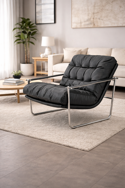 Black tufted vegan leather arm chair styled in a living room with chrome frame and plush cushioning.
