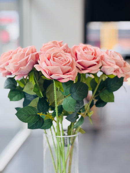 Close-up of Soft Pink Artificial 3 Stem Roses in a clear glass vase – ultra-realistic 60cm faux roses with lush green leaves for elegant floral décor