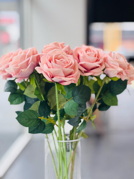 Close-up of Soft Pink Artificial 3 Stem Roses in a clear glass vase – ultra-realistic 60cm faux roses with lush green leaves for elegant floral décor