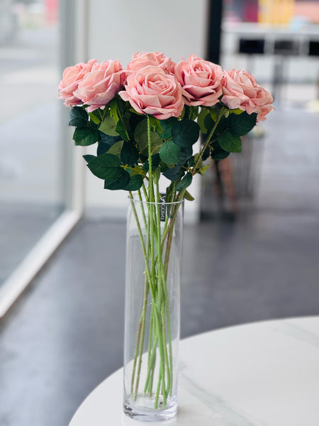 Soft Pink Artificial 3 Stem Roses displayed in a clear vase – realistic 60cm faux roses for modern and romantic décor styling