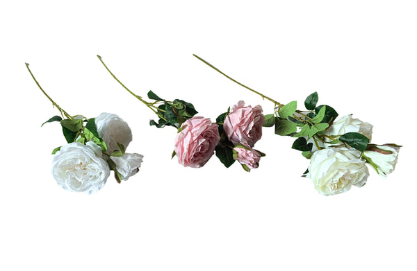 Artificial 3 Stem Roses – 60cm lifelike rose stems in Off White, Soft Pink, and White shades, ideal for elegant floral arrangements