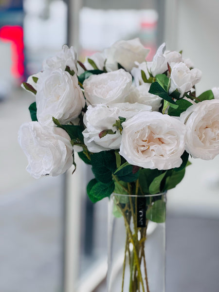 Close-up of White Artificial 3 Stem Roses in a clear glass vase – ultra-realistic 60cm faux roses with lush green leaves for elegant floral décor