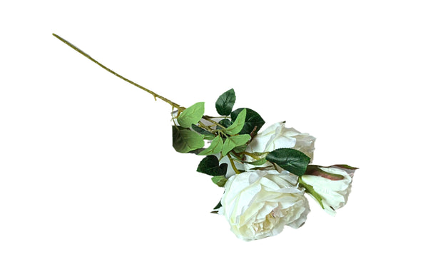 Artificial 3 Stem Roses in Off White – 60cm long faux rose stems with realistic petals and lush green leaves, perfect for neutral floral arrangements