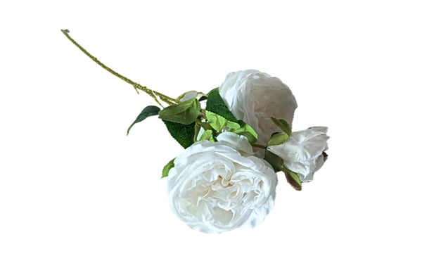 Artificial 3 Stem Roses in White – 60cm beautifully crafted faux roses with delicate white petals and detailed green foliage