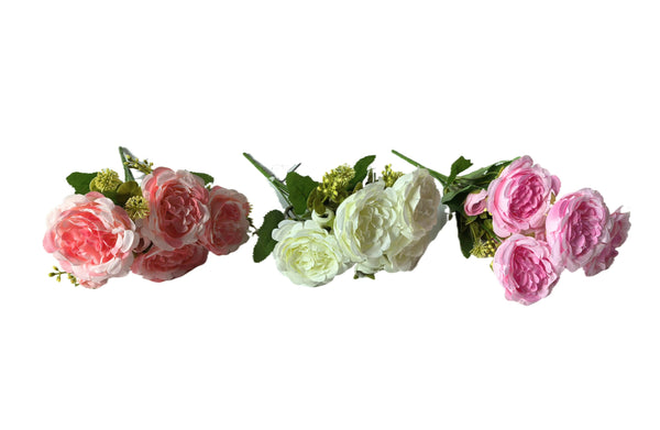 Set of three artificial rose bunches, 31cm each, in coral, white, and pink, with realistic blooms and green foliage.