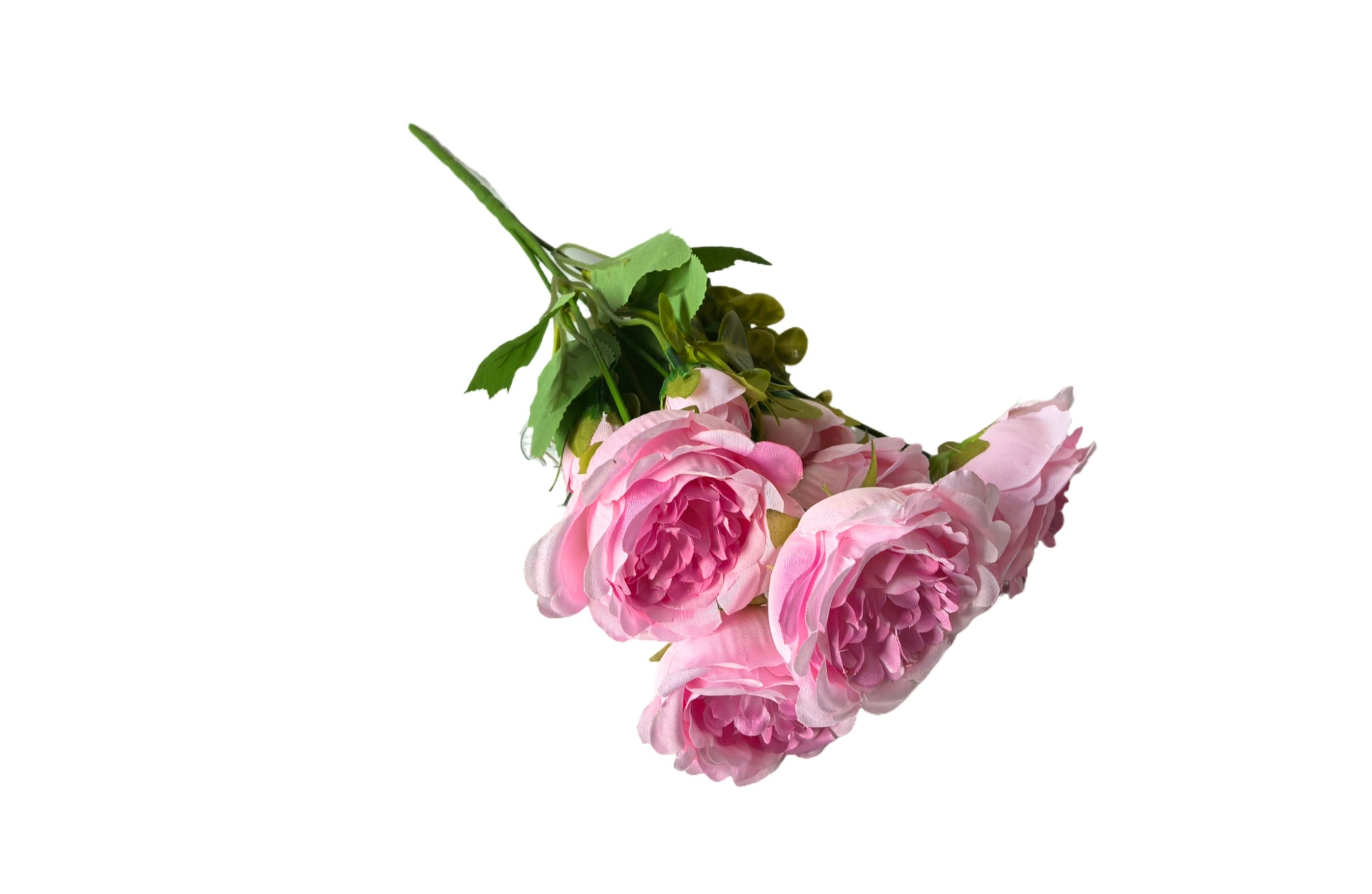 Realistic coral artificial rose bunch, 31cm, with lush green leaves and delicate blooms.