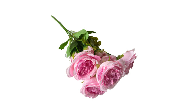 Realistic coral artificial rose bunch, 31cm, with lush green leaves and delicate blooms.
